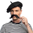 French style fake mustache for men made of 100% polyester, adult costume accessory displayed on insert card packaging.