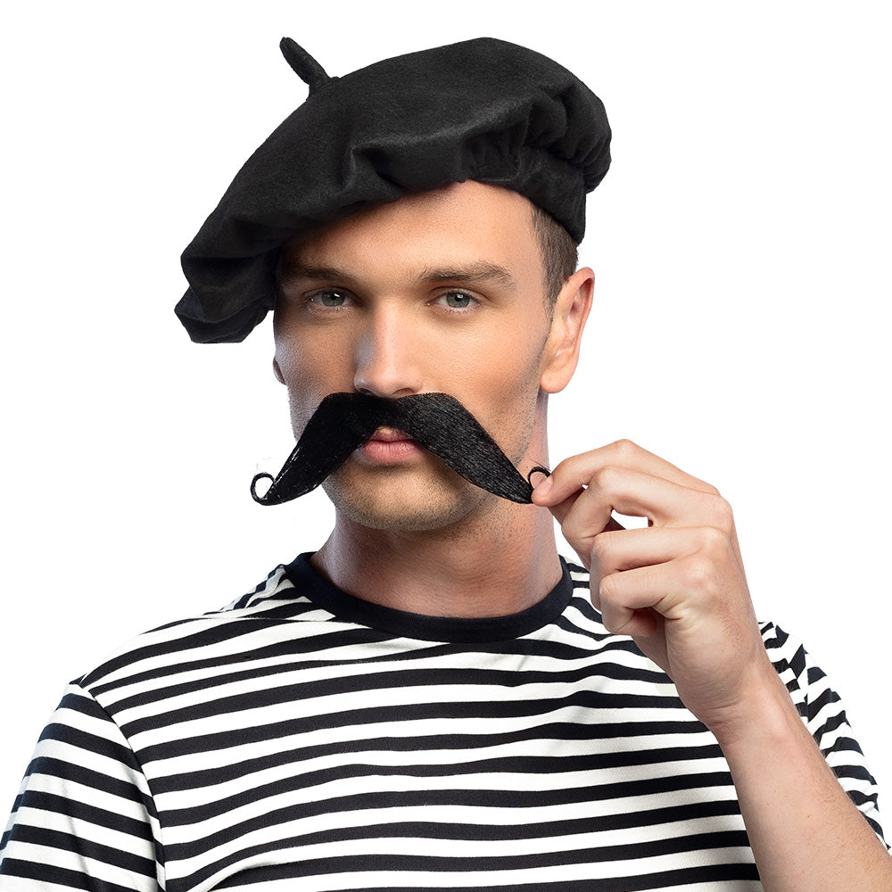 French style fake mustache for men made of 100% polyester, adult costume accessory displayed on insert card packaging.