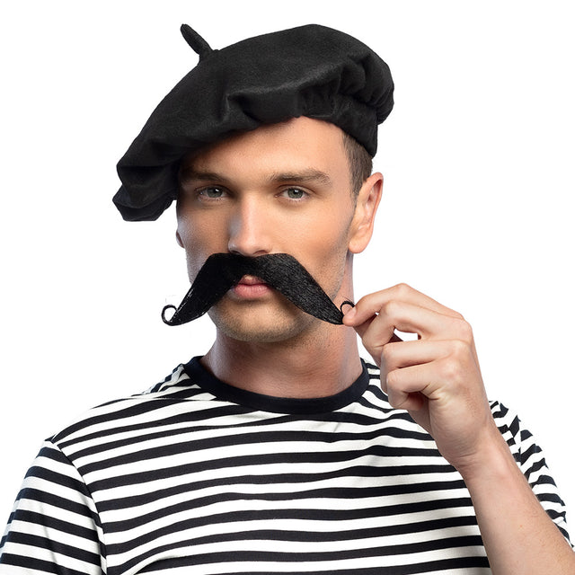 French style fake mustache for men made of 100% polyester, adult costume accessory displayed on insert card packaging.