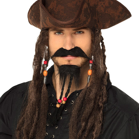 Pirate facial hair set for adults featuring a black mustache and goatee made of 100% polyester, ideal for pirate costumes and themed parties.