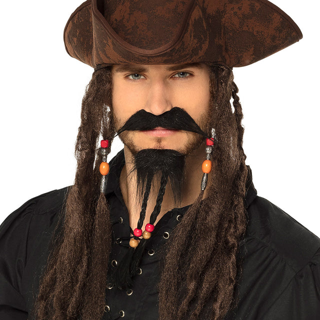 Pirate facial hair set for adults featuring a black mustache and goatee made of 100% polyester, ideal for pirate costumes and themed parties.
