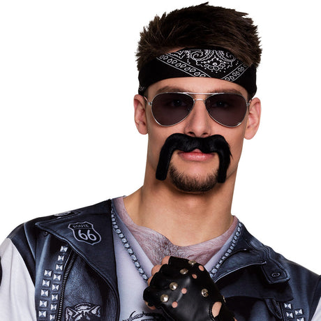 Fake black moustache biker costume accessory for adults, made of 100% polyester, ideal for rock and punk themed parties.