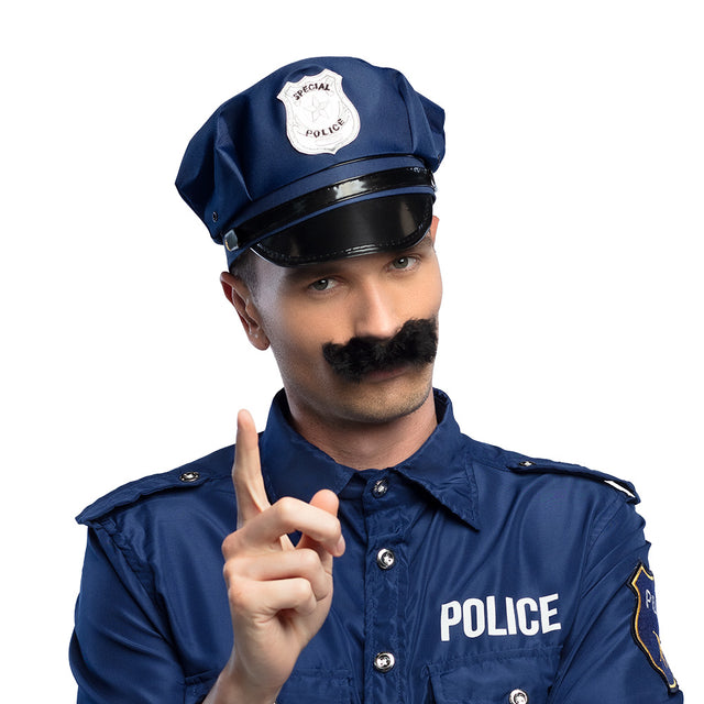 Black police moustache costume accessory for adults made of 100% polyester, ideal for police and SWAT themed parties or cosplay.