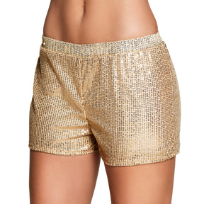 Gold sequin culotte pants for women in size M, made of polyester and PVC, displayed on a hanger.