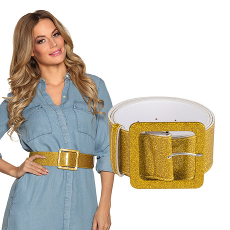 Gold glitter belt for women, 120 x 5.5 cm, made of PVC, PET, and iron, displayed on a hanging card, perfect fashion accessory for adults.