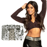 Silver sequin belt for adults, adjustable stretch from 60 to 110 cm, 5 cm wide, made of polyester, PVC, elastane, and iron, suitable for men and women.