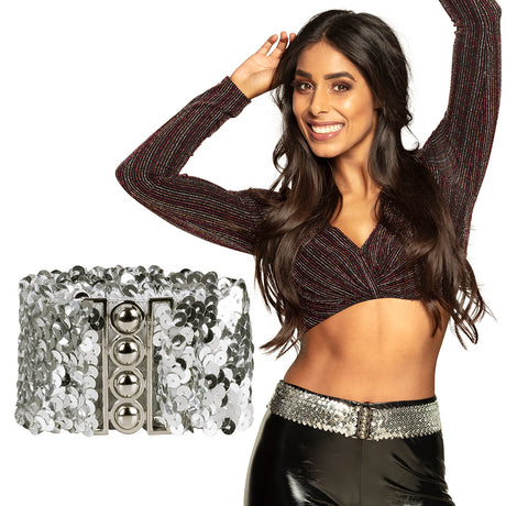Silver sequin belt for adults, adjustable stretch from 60 to 110 cm, 5 cm wide, made of polyester, PVC, elastane, and iron, suitable for men and women.