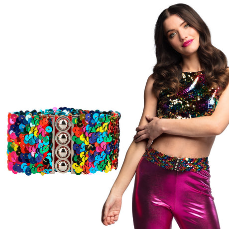 Rainbow sequin belt for women, adjustable stretch from 60 to 110 cm, 5 cm wide, made of polyester, PVC, elastane, and iron, ideal fashion accessory for adults.