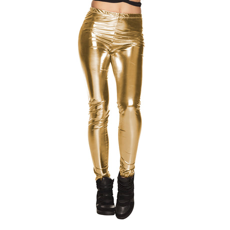 Gold women's festival leggings in size M made from polyester and elastane, displayed in a box packaging.