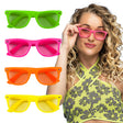 Neon party dance glasses for adults in assorted colors, made of polystyrene and acrylic, displayed on card packaging.