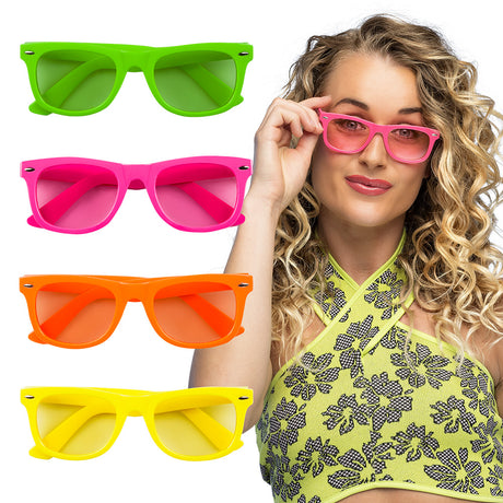 Neon party dance glasses for adults in assorted colors, made of polystyrene and acrylic, displayed on card packaging.