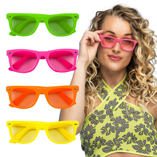 Neon party dance glasses for adults in assorted colors, made of polystyrene and acrylic, displayed on card packaging.