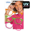 Set of three neon UV party glasses frames for adults, made of 100% polycarbonate, displayed on card packaging.