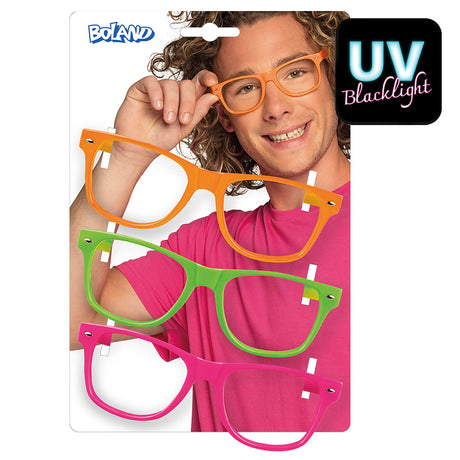 Set of three neon UV party glasses frames for adults, made of 100% polycarbonate, displayed on card packaging.