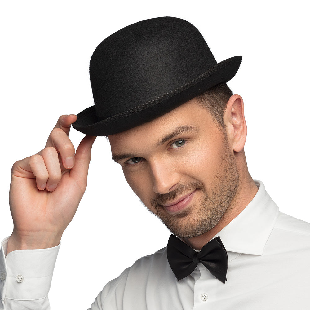 Black Derby bowler hat for adults made of felt with 95% polyester and 5% polyurethane, classic unisex accessory for men and women.