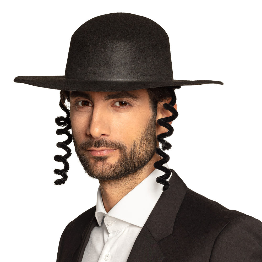 Black rabbi hat for men made of felt with side shields, 90% polyester and 10% iron, adult size, religious headwear.