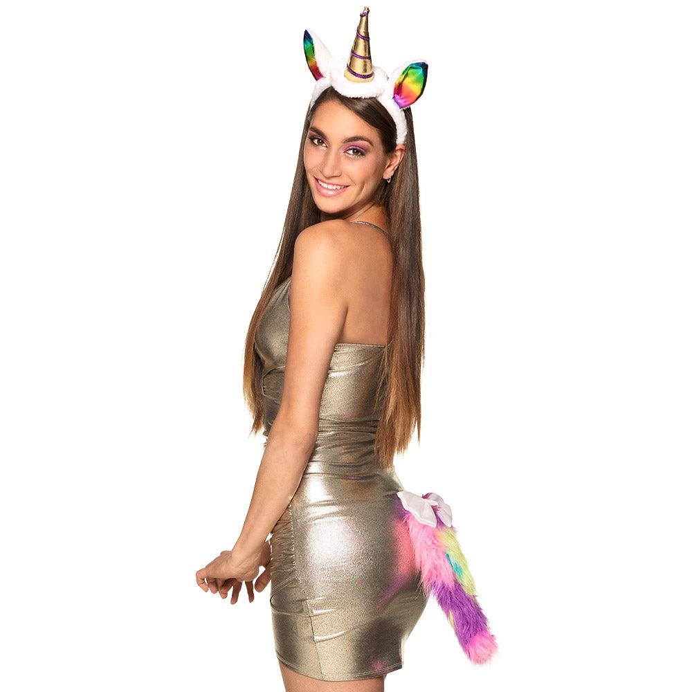 Unicorn accessory set for adults featuring a tiara and tail, made of polyester and polyethylene, ideal for costumes or themed parties.