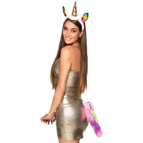 Unicorn accessory set for adults featuring a tiara and tail, made of polyester and polyethylene, ideal for costumes or themed parties.