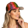 Adjustable rainbow holographic cap for adults, featuring vibrant multicolor design, festival style, and durable materials including polyurethane, polyester, PVC, polypropylene, and iron.