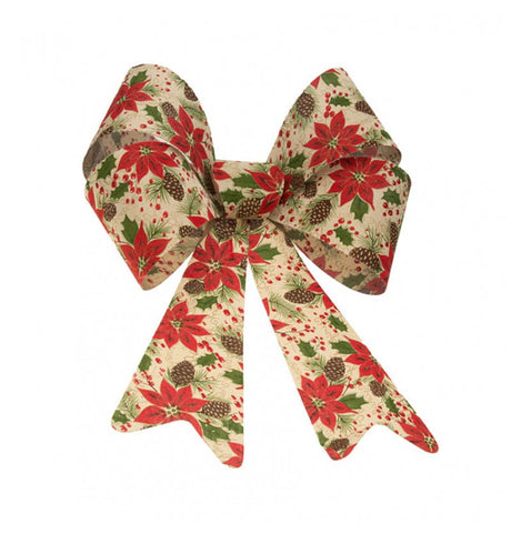 The image shows a decorative bow made of jute fabric, featuring a festive poinsettia pattern in red and green, suitable for holiday or Christmas-themed parties.