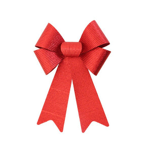 The image shows a large, shiny red bow with a metallic finish, likely intended for decorative purposes at a party or festive event.