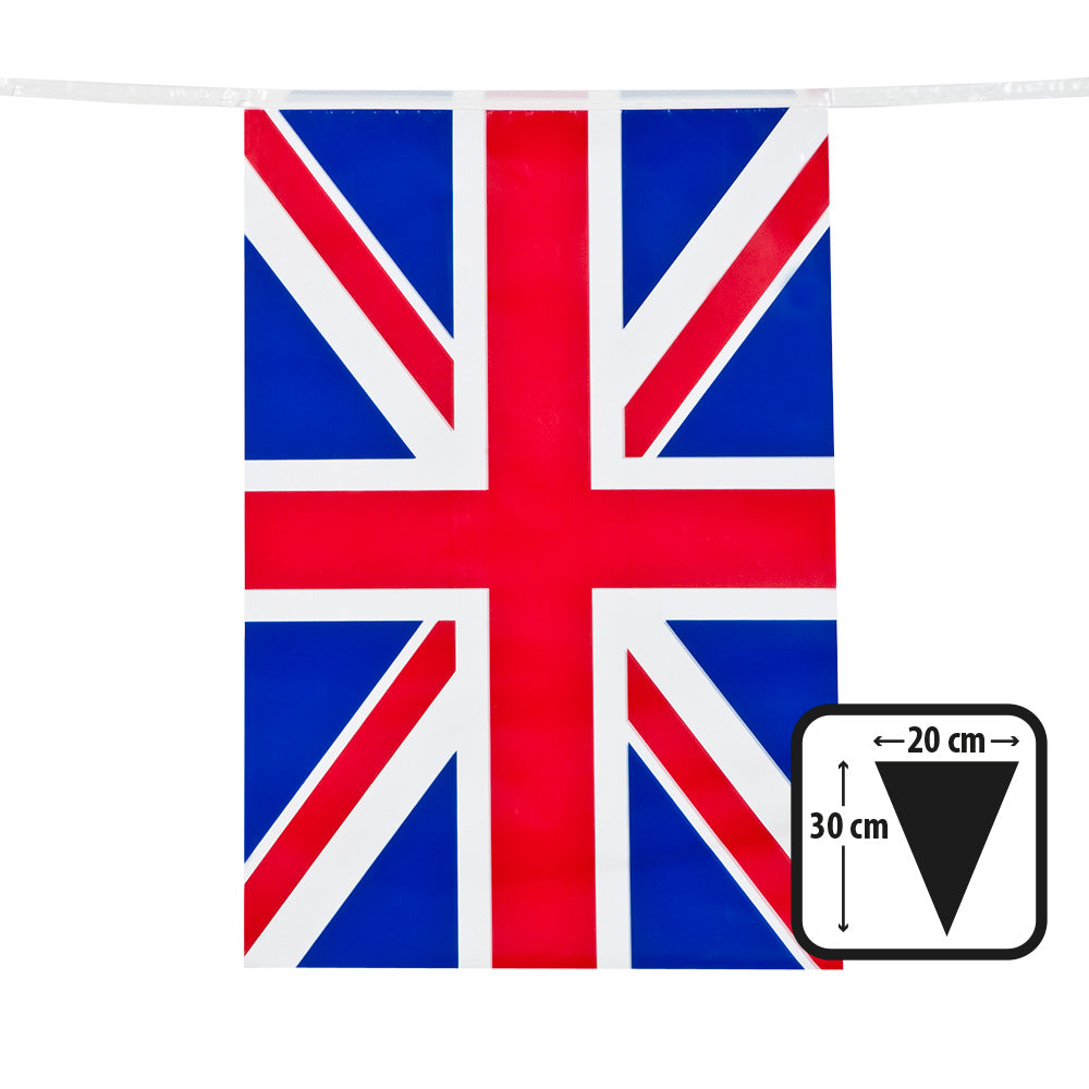Rectangular Union Jack flag bunting made of polyethylene, measuring 30 x 20 cm per flag and 10 meters long, ideal for United Kingdom themed decorations and events.
