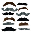 The image displays a set of 12 adhesive fake moustaches in three different colors (black, gray, and brown), arranged on a card for party use.