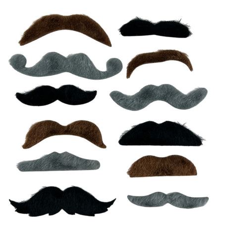 The image displays a set of 12 adhesive fake moustaches in three different colors (black, gray, and brown), arranged on a card for party use.
