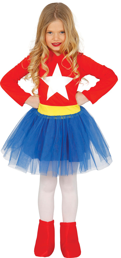 Déguisement super héroïne enfant rouge et bleu 5-6 ans