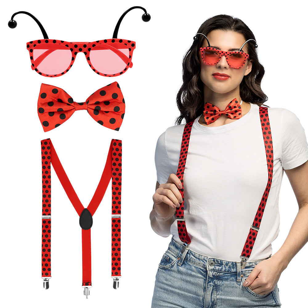 Set Accessoires Coccinelle Lunettes Nœud Papillon Bretelles – Déguisement Soirée Costumée
