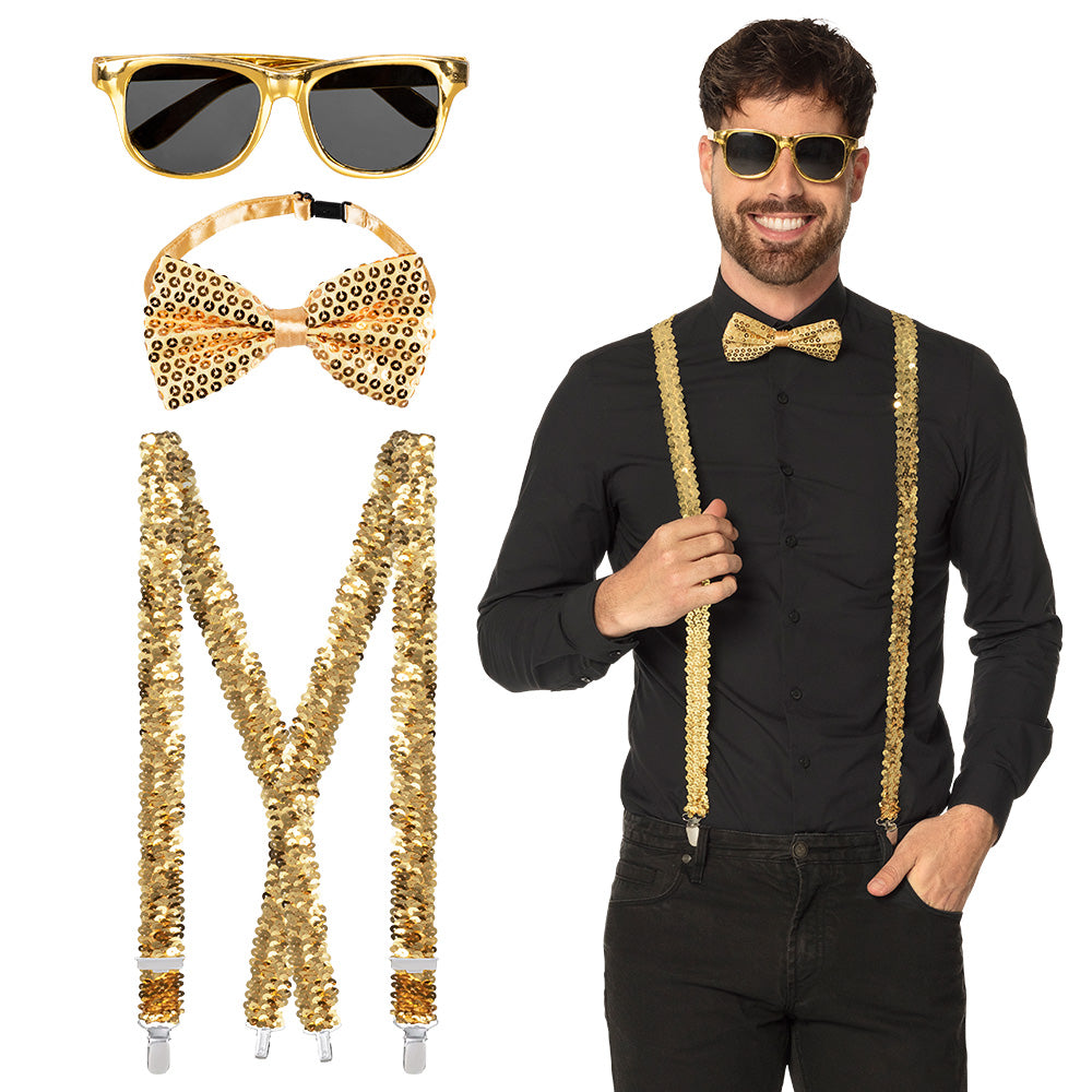 Set Accessoires Disco Or Lunettes Bretelles Nœud Papillon – Soirée Disco & Bal des Fous