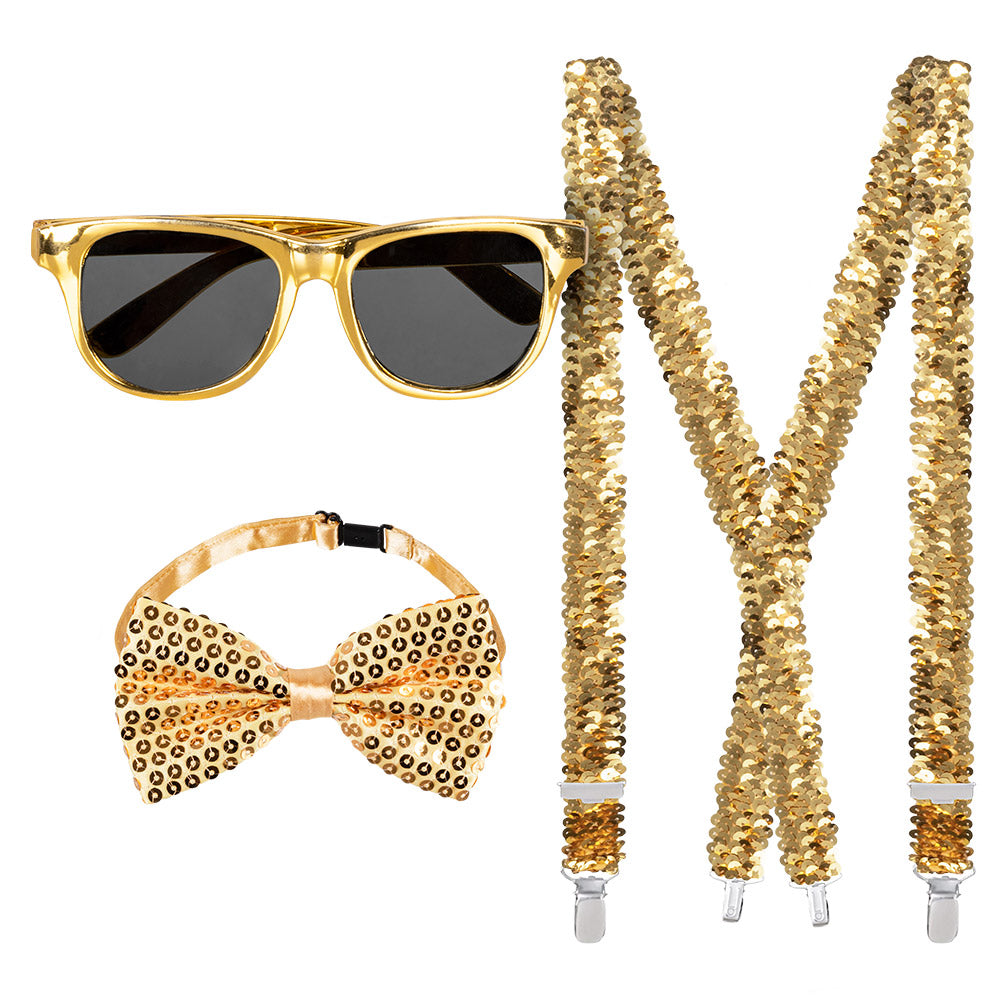 Set Accessoires Disco Or Lunettes Bretelles Nœud Papillon – Soirée Disco & Bal des Fous