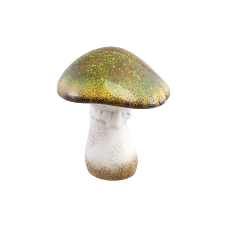 Petit champignon décoratif en terre cuite à chapeau vert bombé et pied blanc, décoration d'automne pour étagère