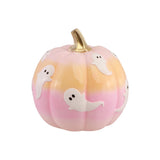 Citrouille Halloween en résine à dégradé rose et pêche et fantômes blancs, vue de face