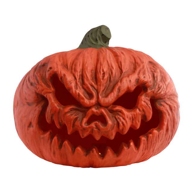 Citrouille Halloween rouge-orange au visage effrayant et dents acérées, décoration d'Halloween pour entrée ou salon