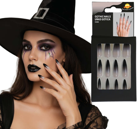 12 Faux Ongles Gothiques Longs avec Colle – Sorcière Halloween