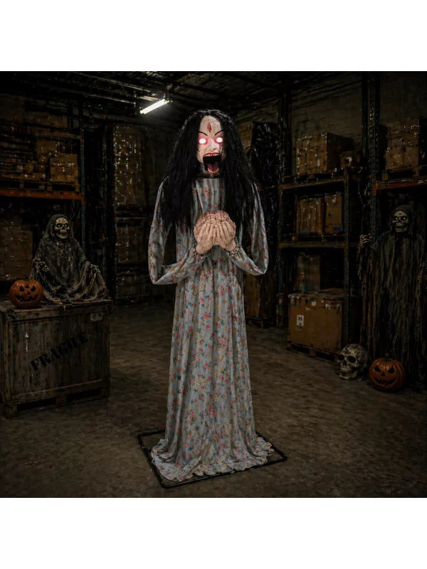 Automate Halloween Fille Mangeant un Cerveau 200 cm Animatronique – Hall, Villa et Soirée