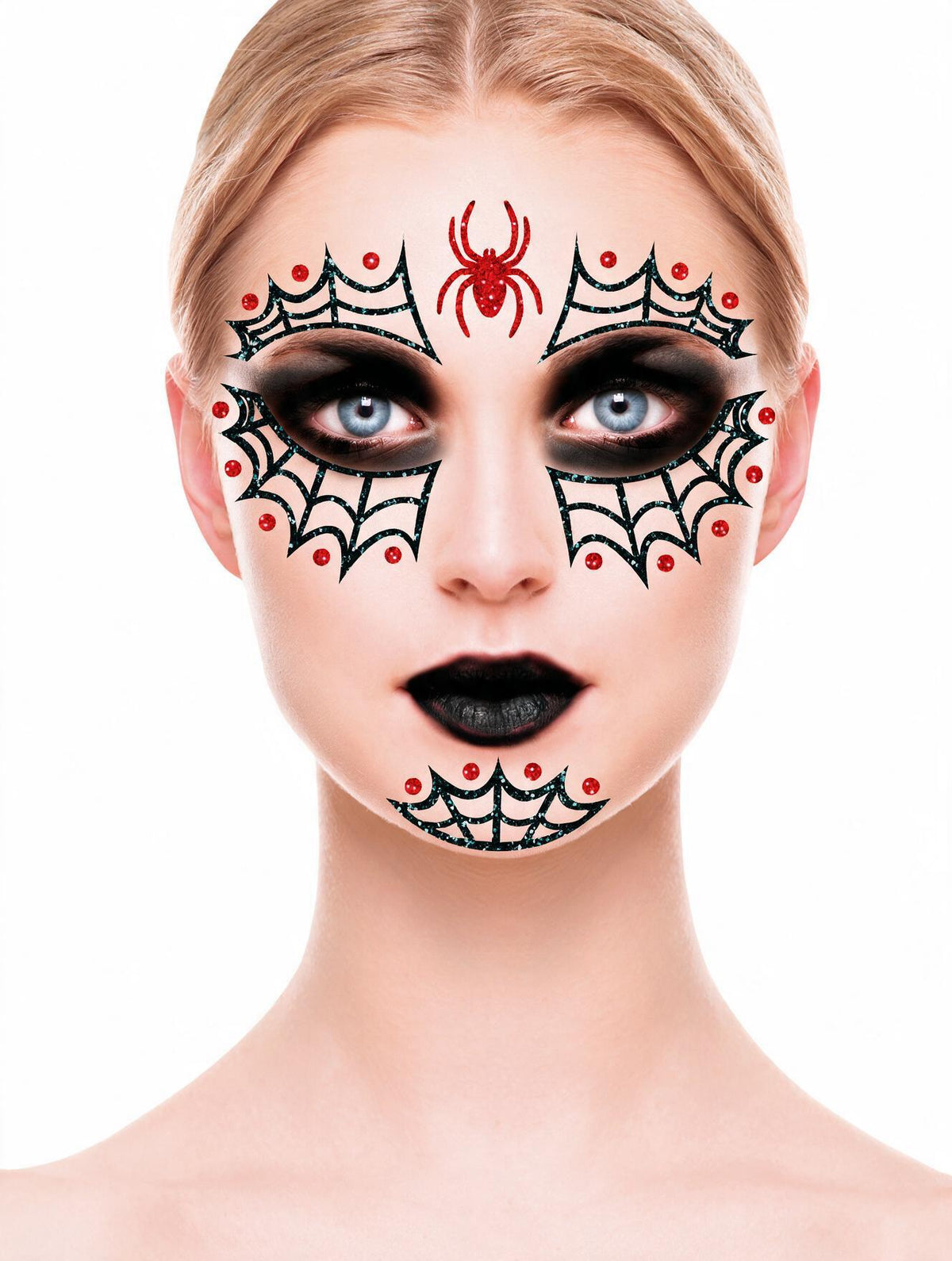 Glitter Face Araignée Noire et Rouge – Bijou de Visage Halloween