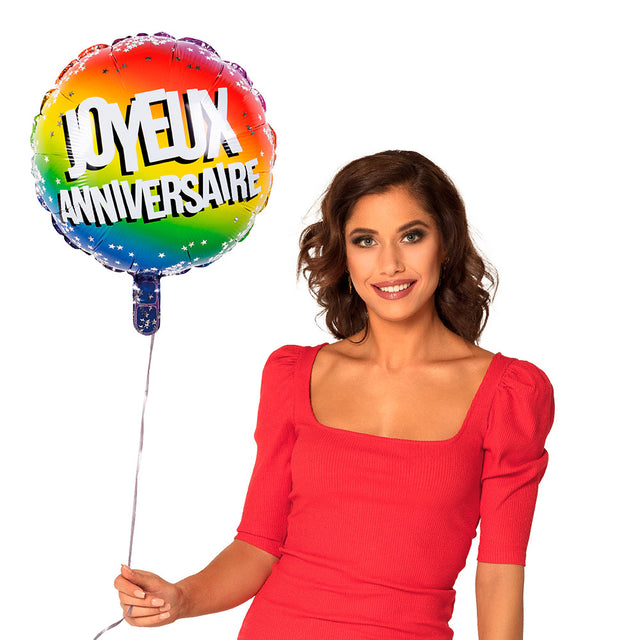 Rainbow aluminum birthday balloon with double-sided design, 45 cm diameter, suitable for helium, featuring vibrant rainbow colors, perfect for birthday party decorations.
