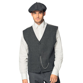 Men's Birmingham set with cap and vest in M/L, 1920s flapper style, silver chain detail, pockets, 100% polyester, ideal for adults and vintage costume events.