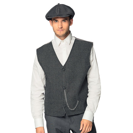 Men's Birmingham set with cap and vest in M/L, 1920s flapper style, silver chain detail, pockets, 100% polyester, ideal for adults and vintage costume events.
