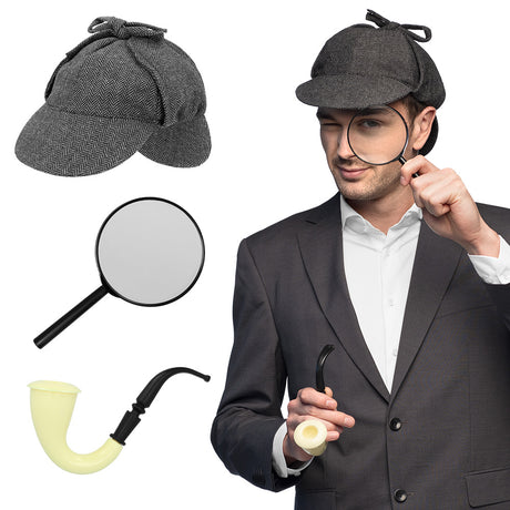 Detective costume set for adults featuring a hat, pipe, and magnifying glass, ideal for themed parties or role play.
