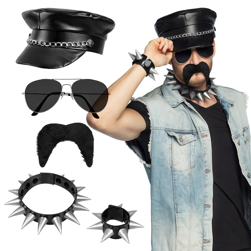 Rocker accessory set for adults featuring a cap, party sunglasses, necklace, bracelet, and fake mustache, ideal for rock and punk themed costumes.