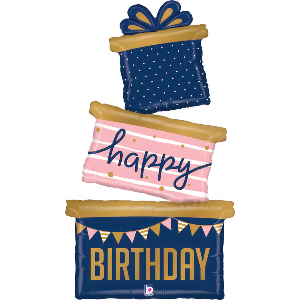 Ballon anniversaire trio cadeaux - Bleu marine - 37" - Gonflage Hélium en boutique