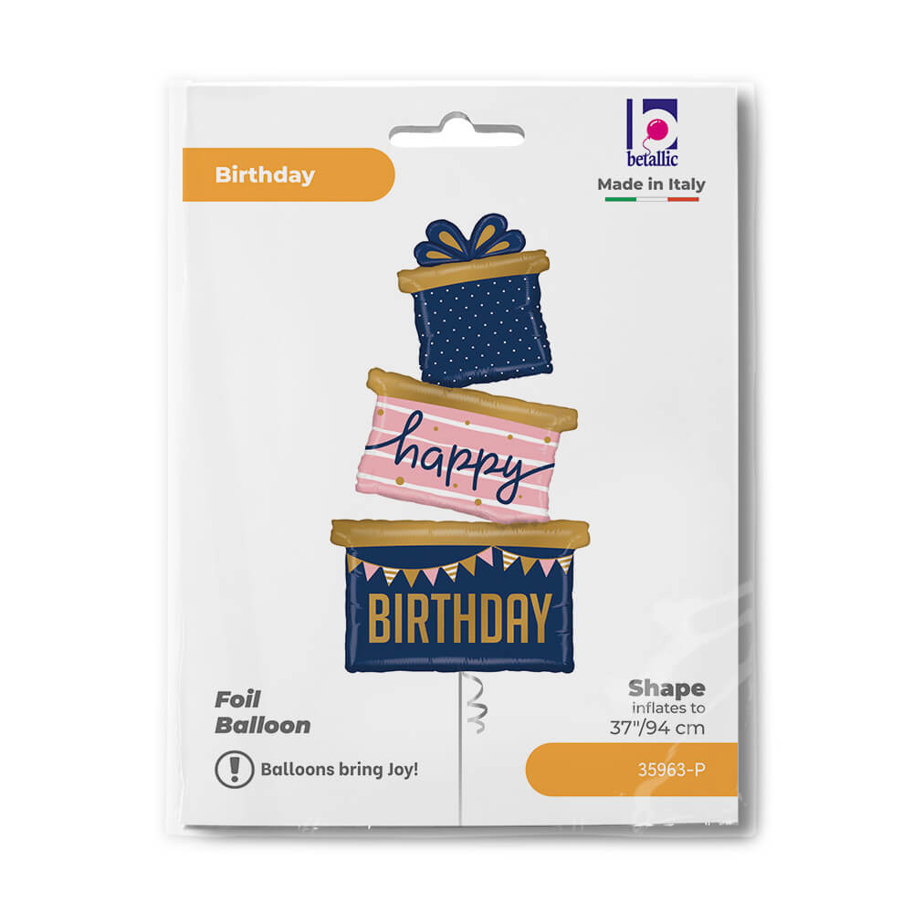 Ballon anniversaire trio cadeaux - Bleu marine - 37" - Gonflage Hélium en boutique