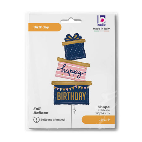 Ballon anniversaire trio cadeaux - Bleu marine - 37" - Gonflage Hélium en boutique