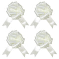 The image shows a set of four white pull bows, each measuring approximately 5 cm, commonly used as decorative accessories for parties or gift wrapping.