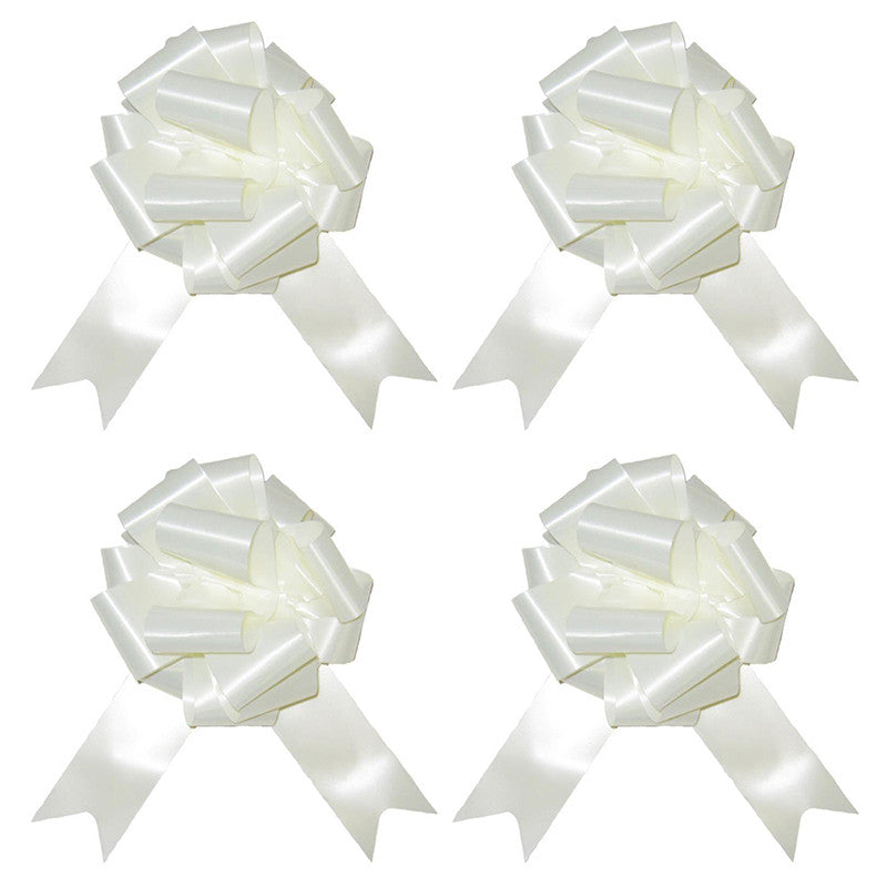 The image shows a set of four white pull bows, each measuring approximately 5 cm, commonly used as decorative accessories for parties or gift wrapping.