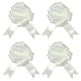 The image shows a set of four white pull bows, each measuring approximately 5 cm, commonly used as decorative accessories for parties or gift wrapping.