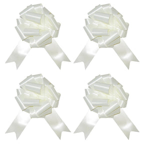 The image shows a set of four white pull bows, each measuring approximately 5 cm, commonly used as decorative accessories for parties or gift wrapping.